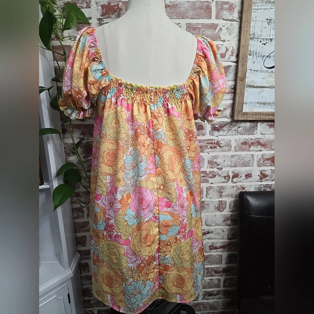 Shein womens slip dress sz xs multi color floral print puff short sleeves - Picture 3 of 3